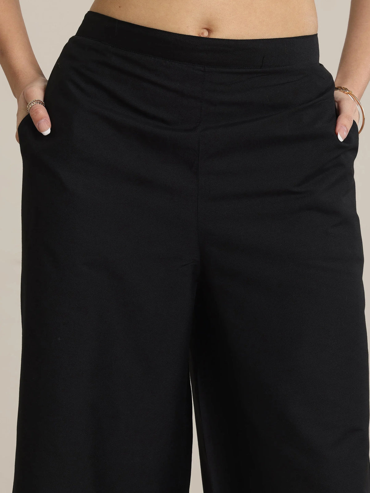 Libas Black Solid Silk Trousers