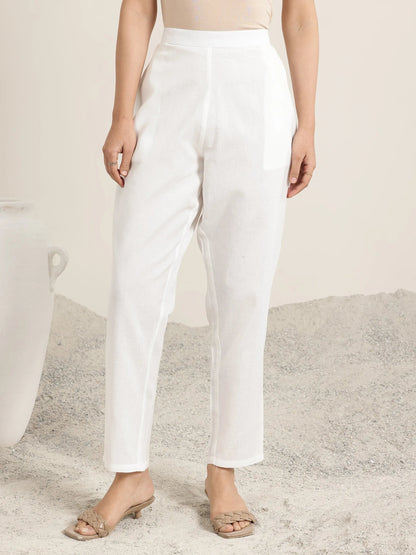 Libas Off White Solid Cotton Trousers