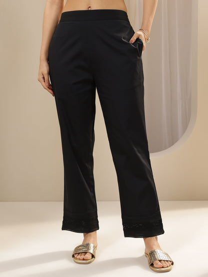 Libas Black Solid Cotton Trousers