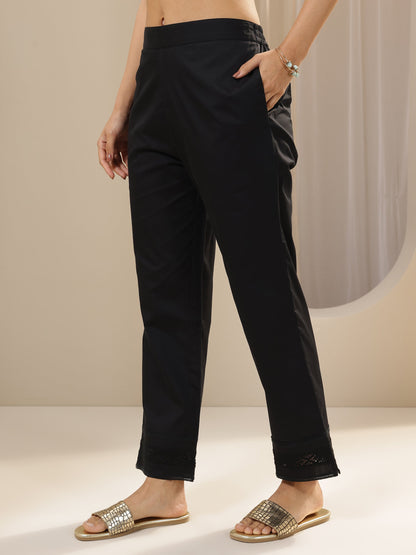 Libas Black Solid Cotton Trousers