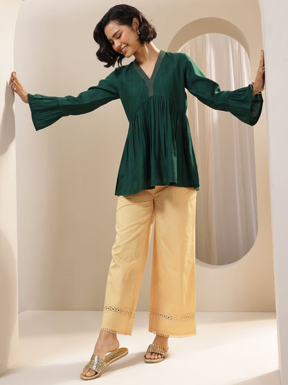 Libas Beige Solid Cotton Palazzos