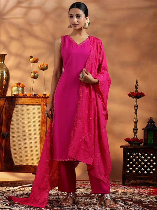 Gerua Pink Solid Silk Blend Straight Suit With Dupatta
