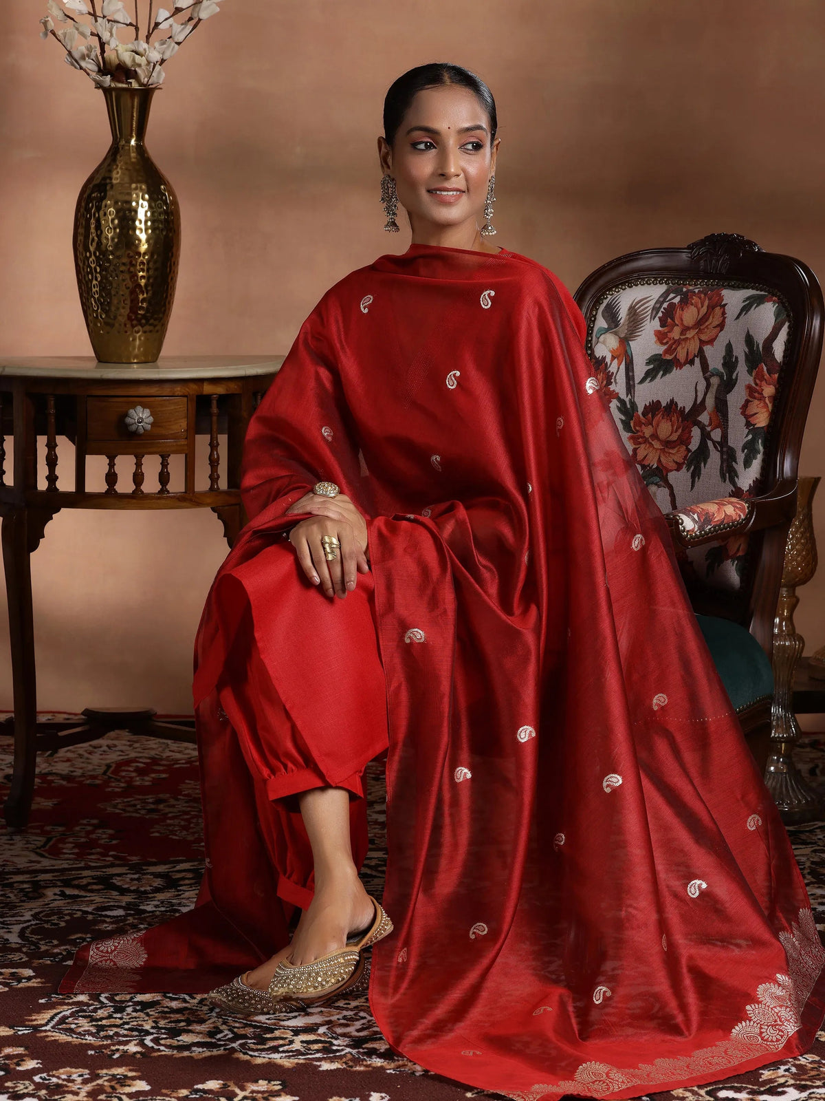 Gerua Red Solid Cotton Blend Straight Suit With Dupatta