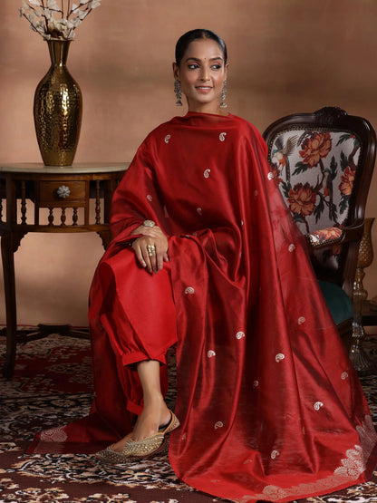 Gerua Red Solid Cotton Blend Straight Suit With Dupatta