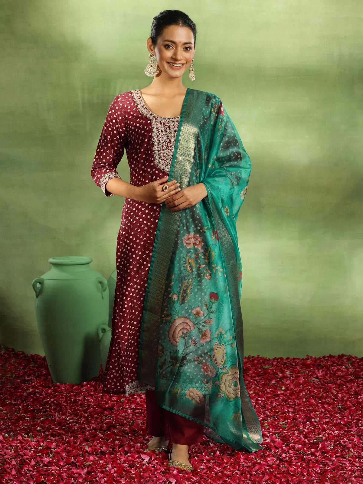 Libas Maroon Printed Silk Blend Straight Suit With Dupatta