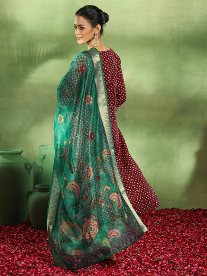 Libas Maroon Printed Silk Blend Straight Suit With Dupatta