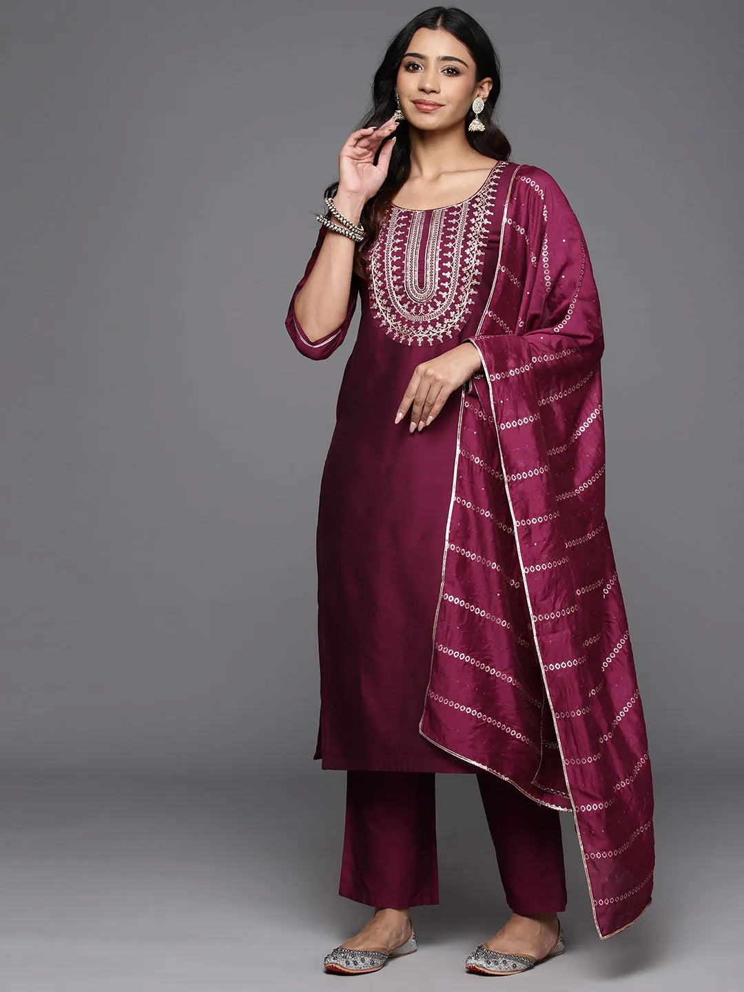 Gerua Wine Yoke Design Silk Blend Straight Suit With Dupatta