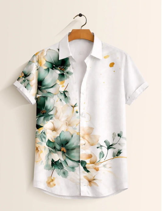 Green Side Flower Printed Men's Shirt - XPST
