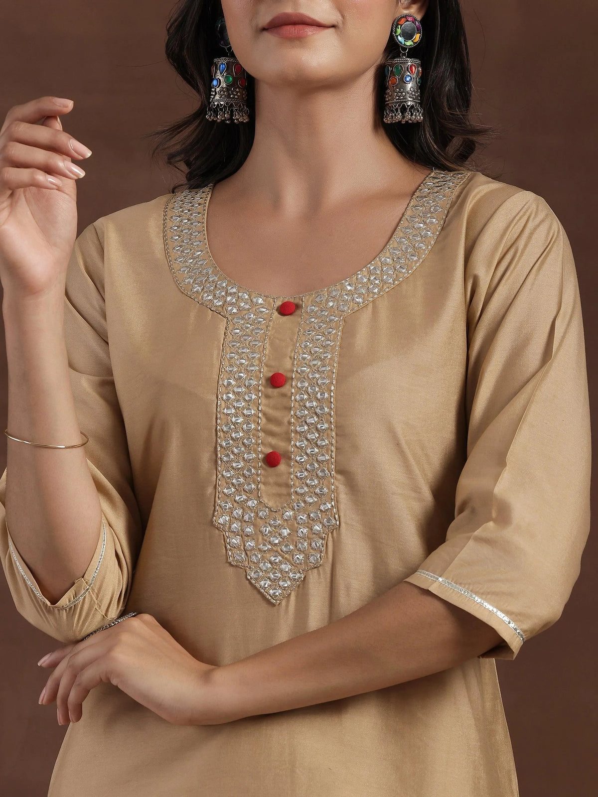 Libas Beige Yoke Design Silk Blend Straight Kurta With Trousers & Dupatta