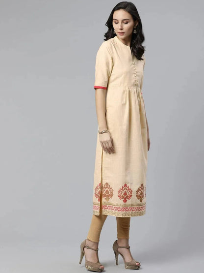 Libas Beige Printed Cotton Kurti