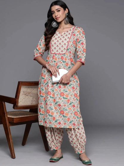 Libas Beige Printed Cotton Straight Kurta Set