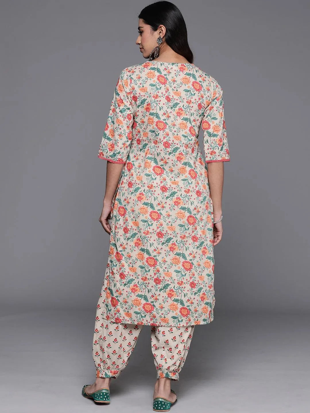 Libas Beige Printed Cotton Straight Kurta Set