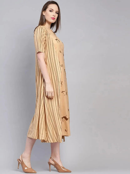 Libas Beige Printed Rayon Dress With Jacket