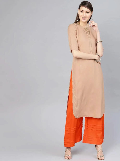 Libas Beige Printed Rayon Pathani Kurta With Palazzos