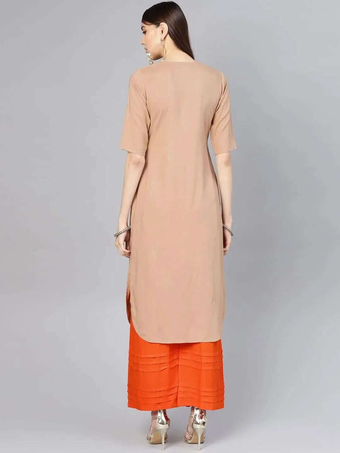 Libas Beige Printed Rayon Pathani Kurta With Palazzos