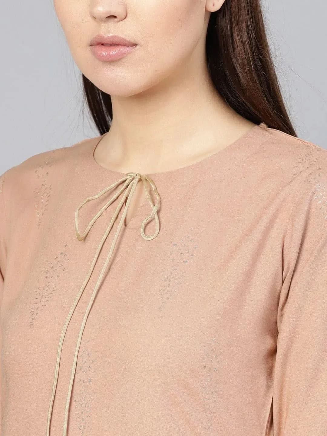 Libas Beige Printed Rayon Pathani Kurta With Palazzos