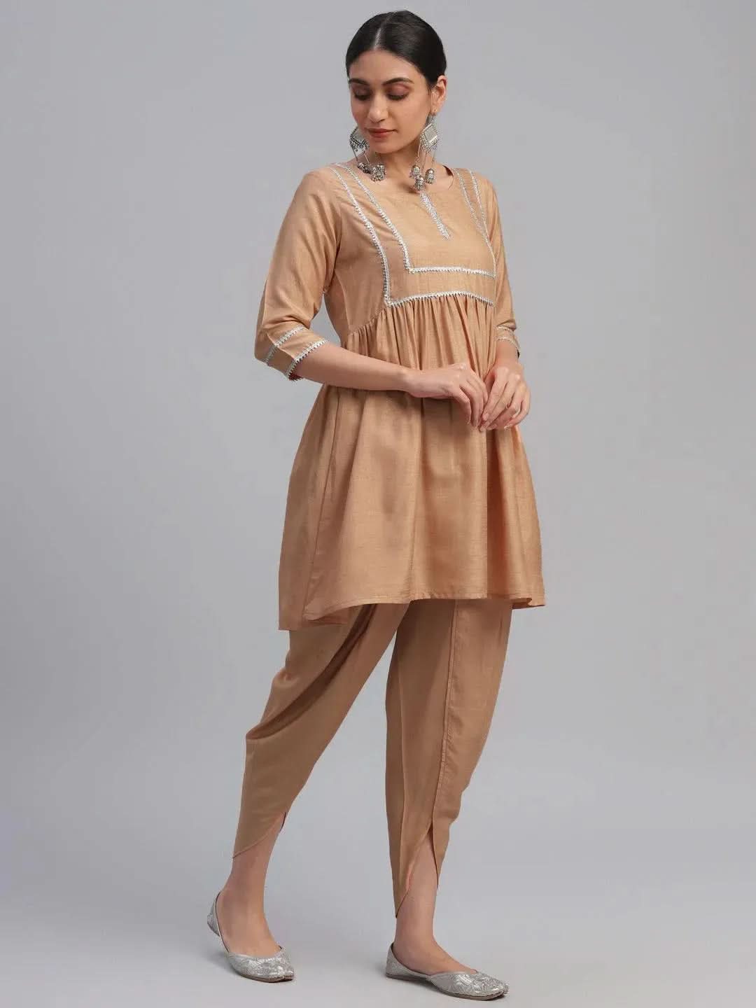 Libas Beige Solid Polyester A-Line Kurta With Dhoti Pant & Dupatta