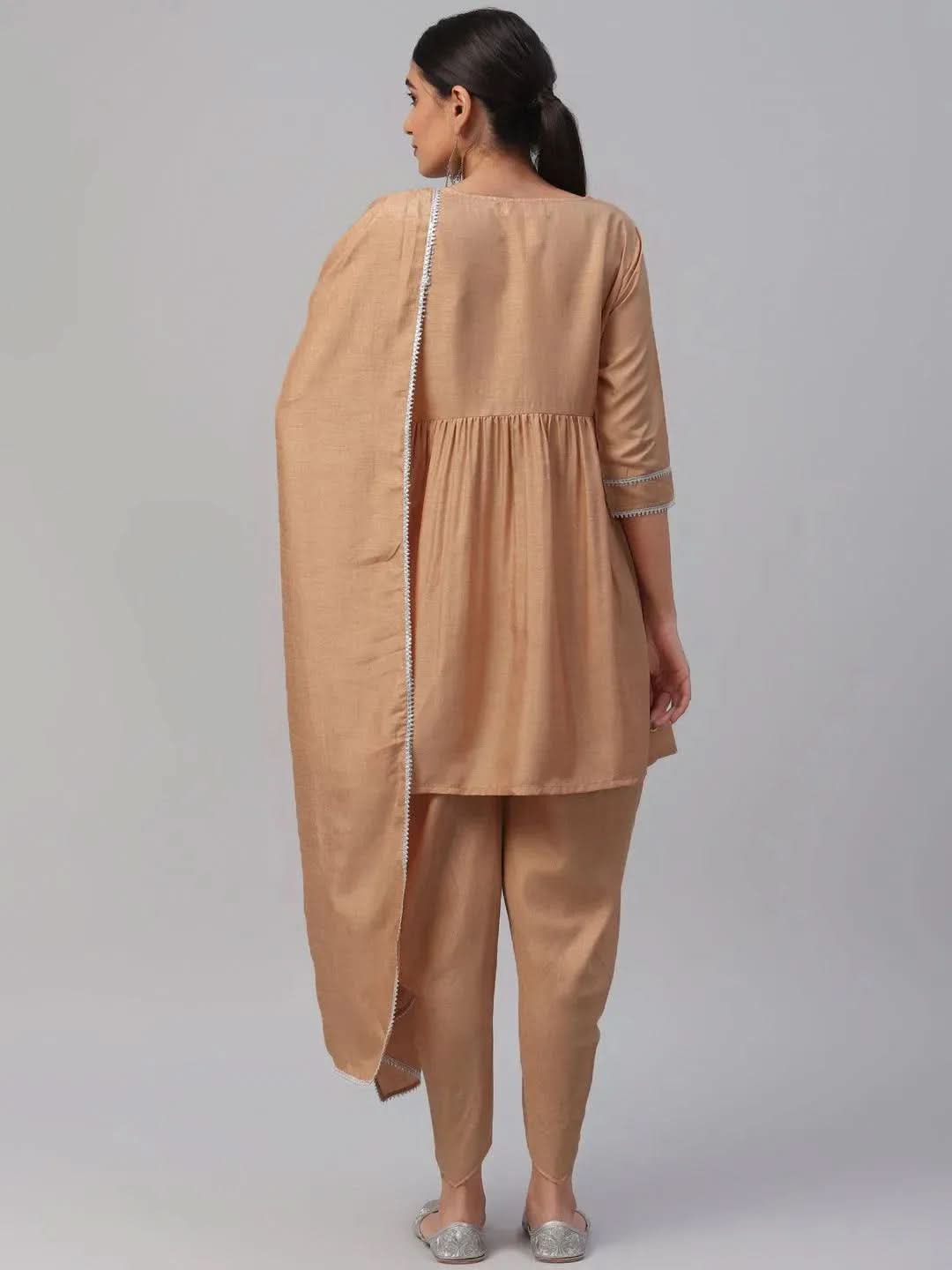 Libas Beige Solid Polyester A-Line Kurta With Dhoti Pant & Dupatta