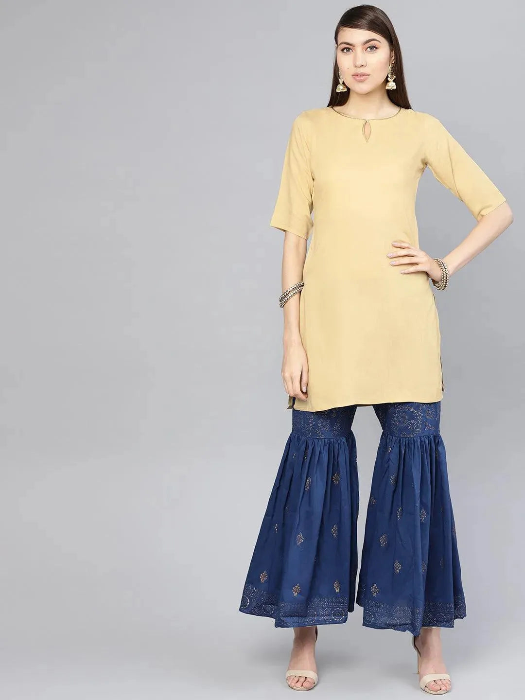 Libas Beige Solid Rayon Straight Kurta With Sharara