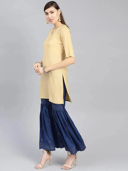 Libas Beige Solid Rayon Straight Kurta With Sharara