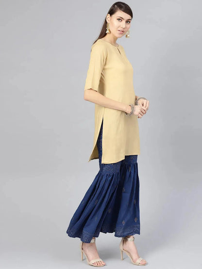 Libas Beige Solid Rayon Straight Kurta With Sharara