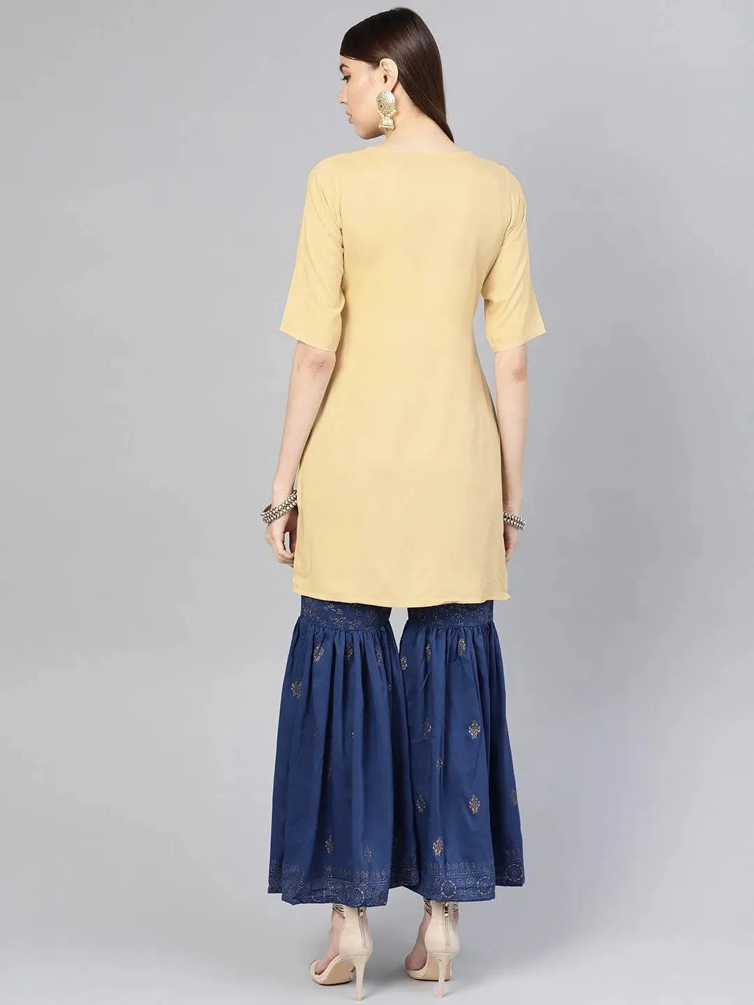 Libas Beige Solid Rayon Straight Kurta With Sharara