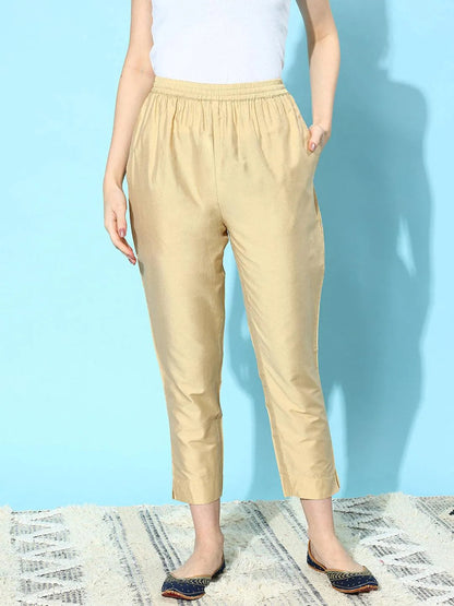 Libas Beige Solid Silk Trousers