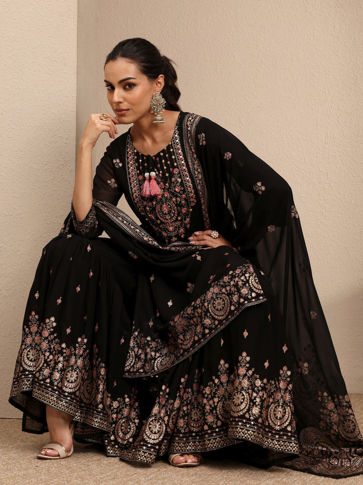 Libas Black Embroidered Georgette Straight Sharara Suit Set With Dupatta