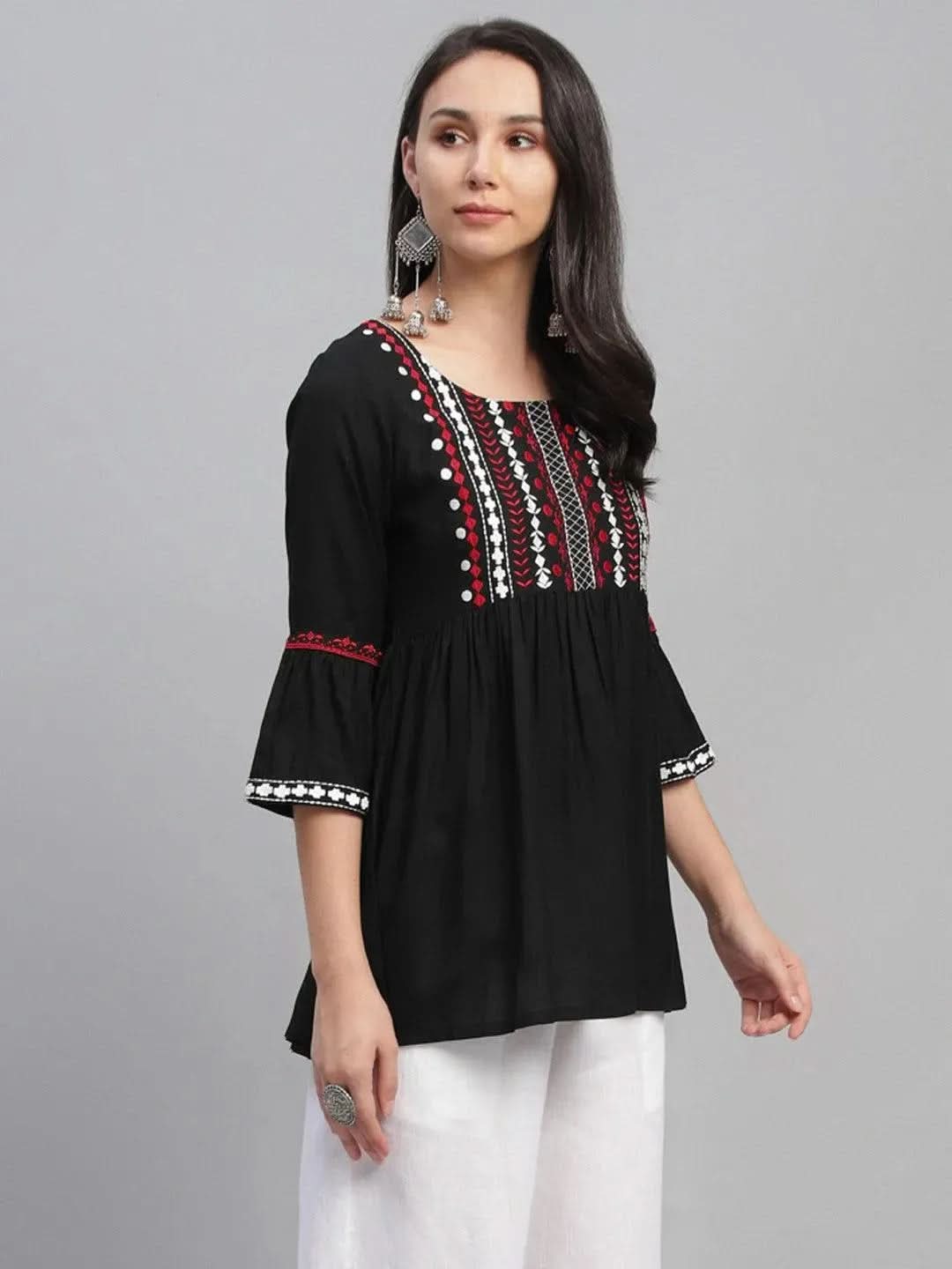 Libas Black Embroidered Rayon Kurti