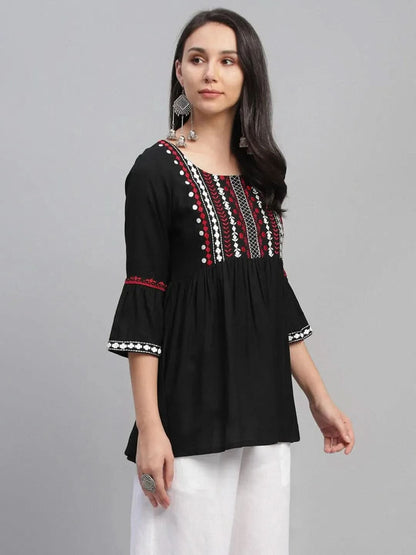 Libas Black Embroidered Rayon Kurti