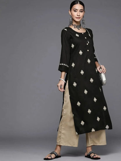 Libas Black Embroidered Rayon Straight Kurta With Palazzos