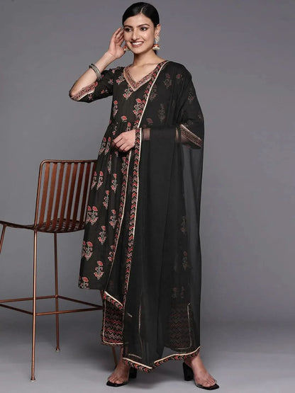 Libas Black Printed Cotton A-Line Kurta With Trousers & Dupatta