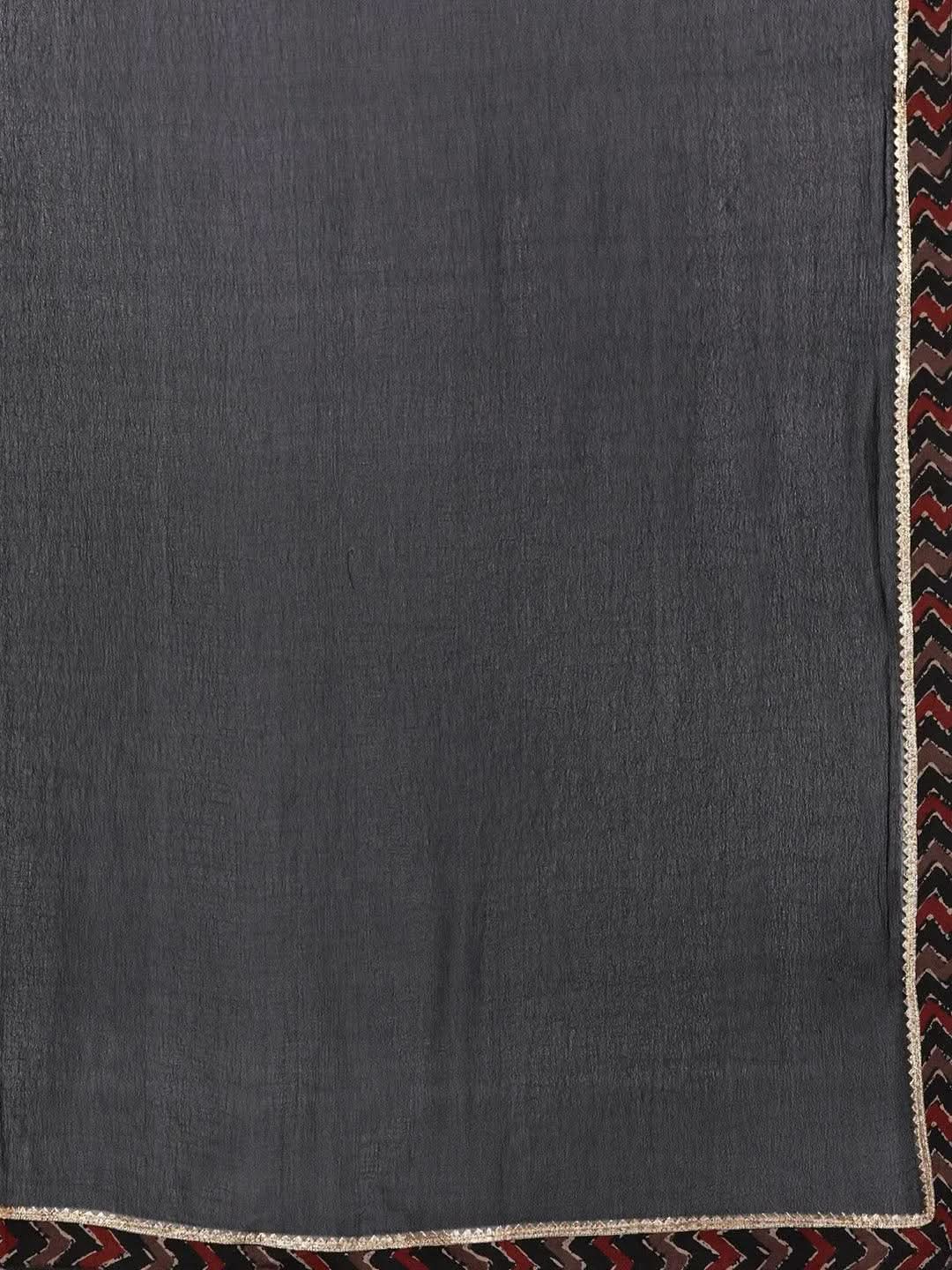 Libas Black Printed Cotton A-Line Kurta With Trousers & Dupatta