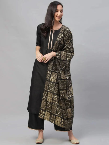 Libas Black Solid Polyester Straight Kurta With Palazzos & Dupatta
