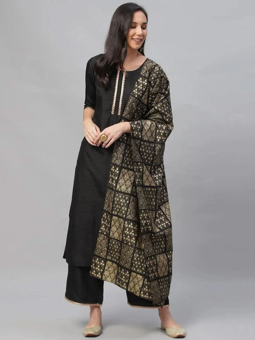 Libas Black Solid Polyester Straight Kurta With Palazzos & Dupatta