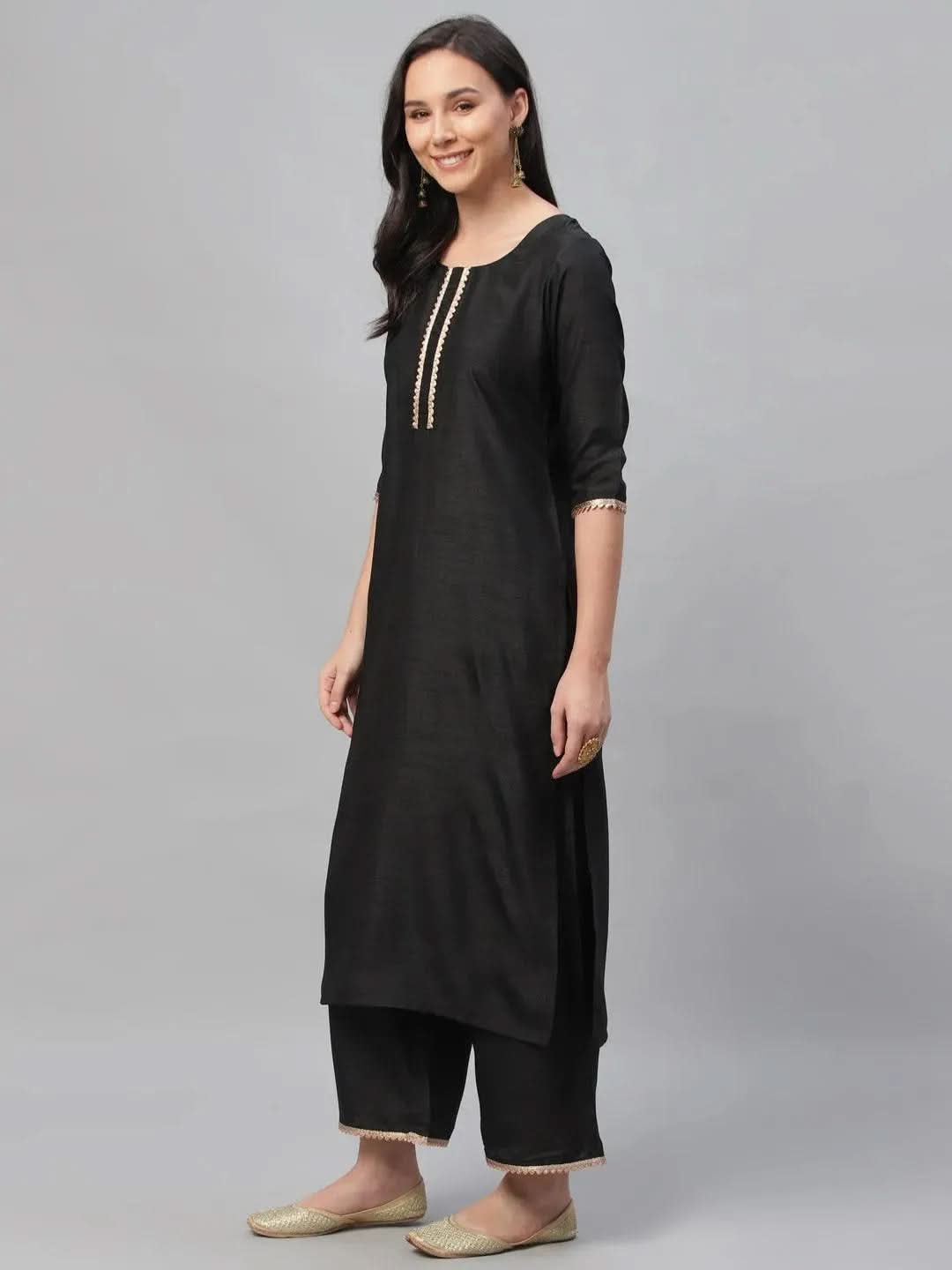 Libas Black Solid Polyester Straight Kurta With Palazzos & Dupatta