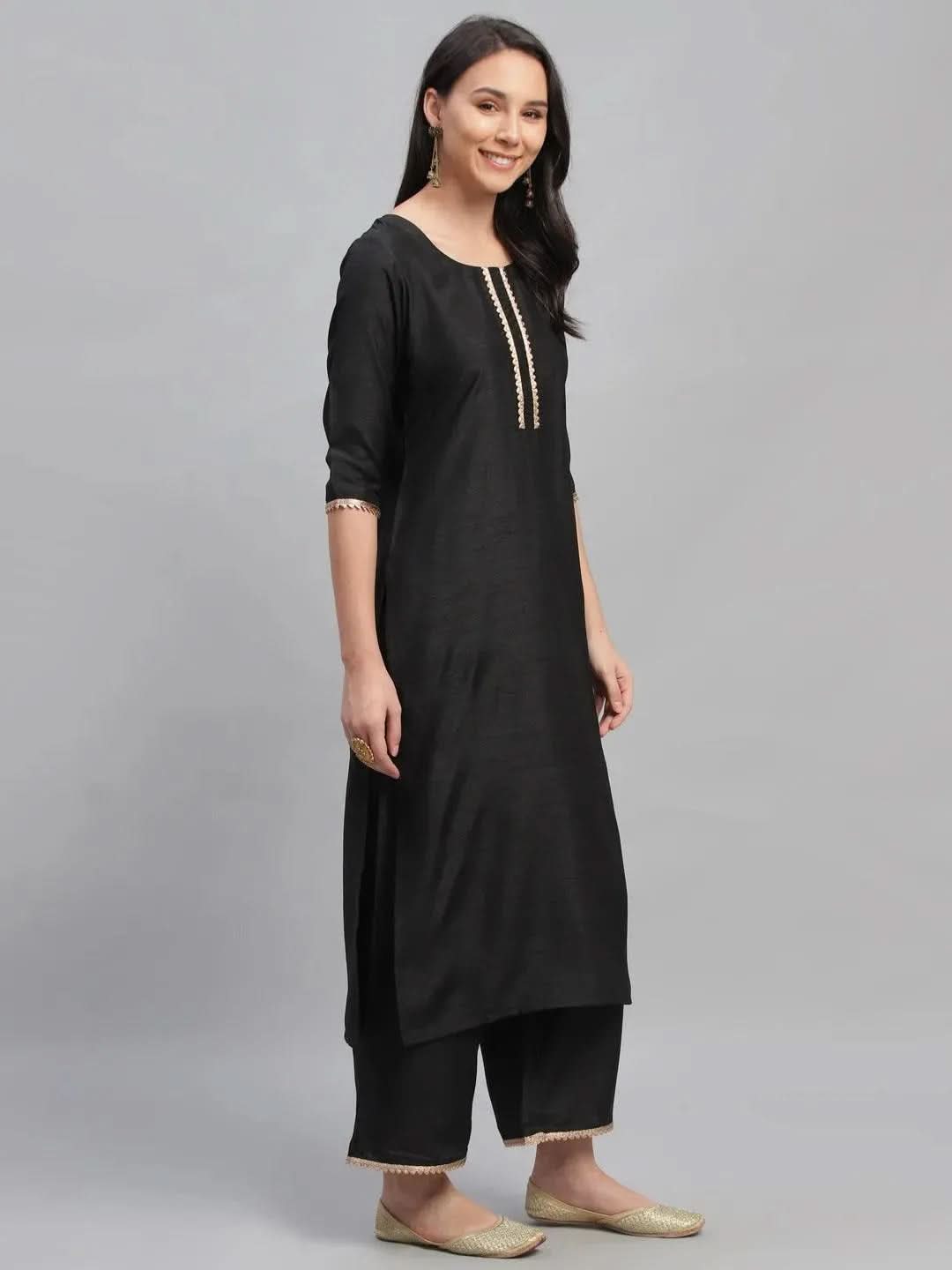 Libas Black Solid Polyester Straight Kurta With Palazzos & Dupatta