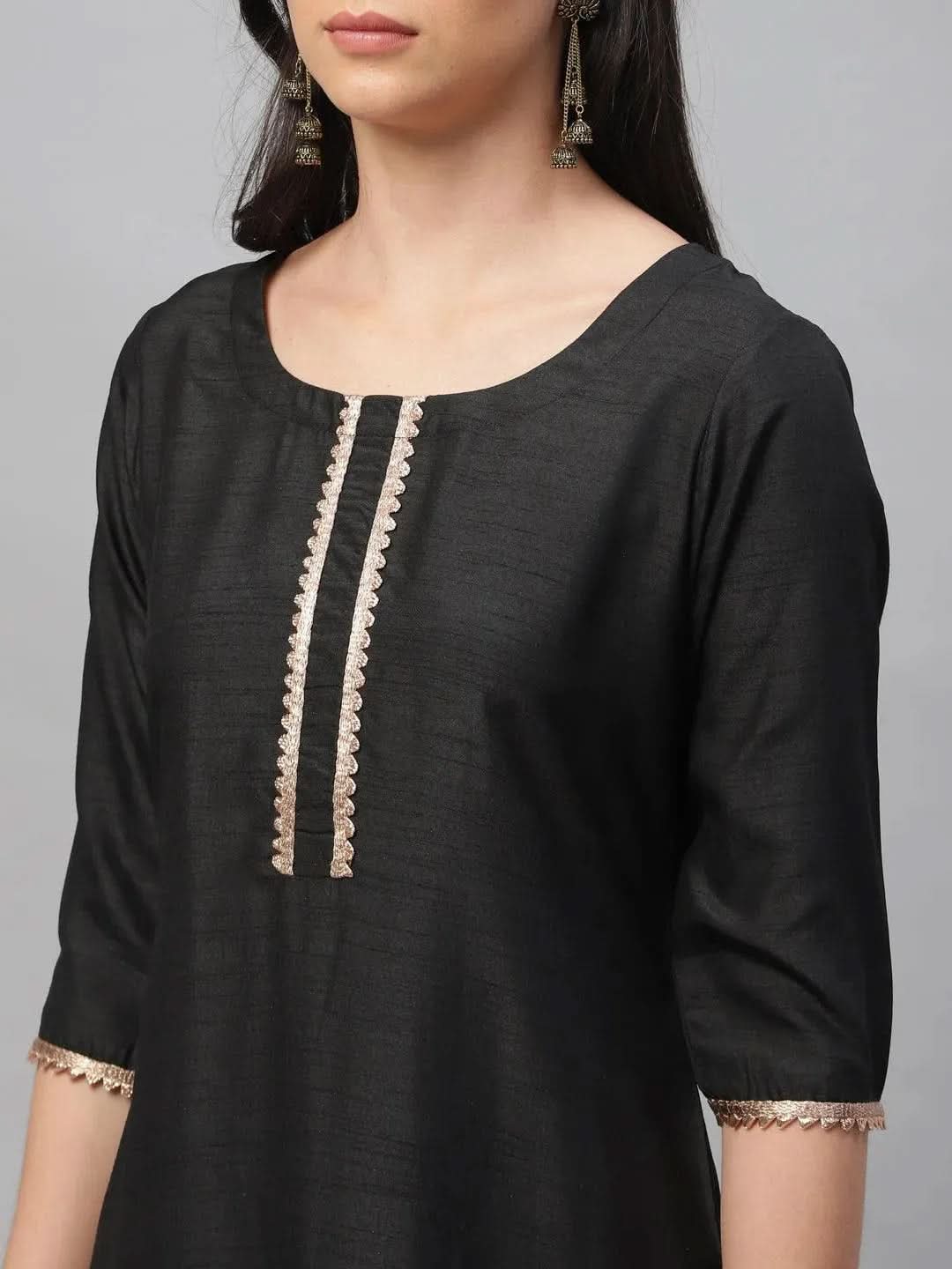 Libas Black Solid Polyester Straight Kurta With Palazzos & Dupatta