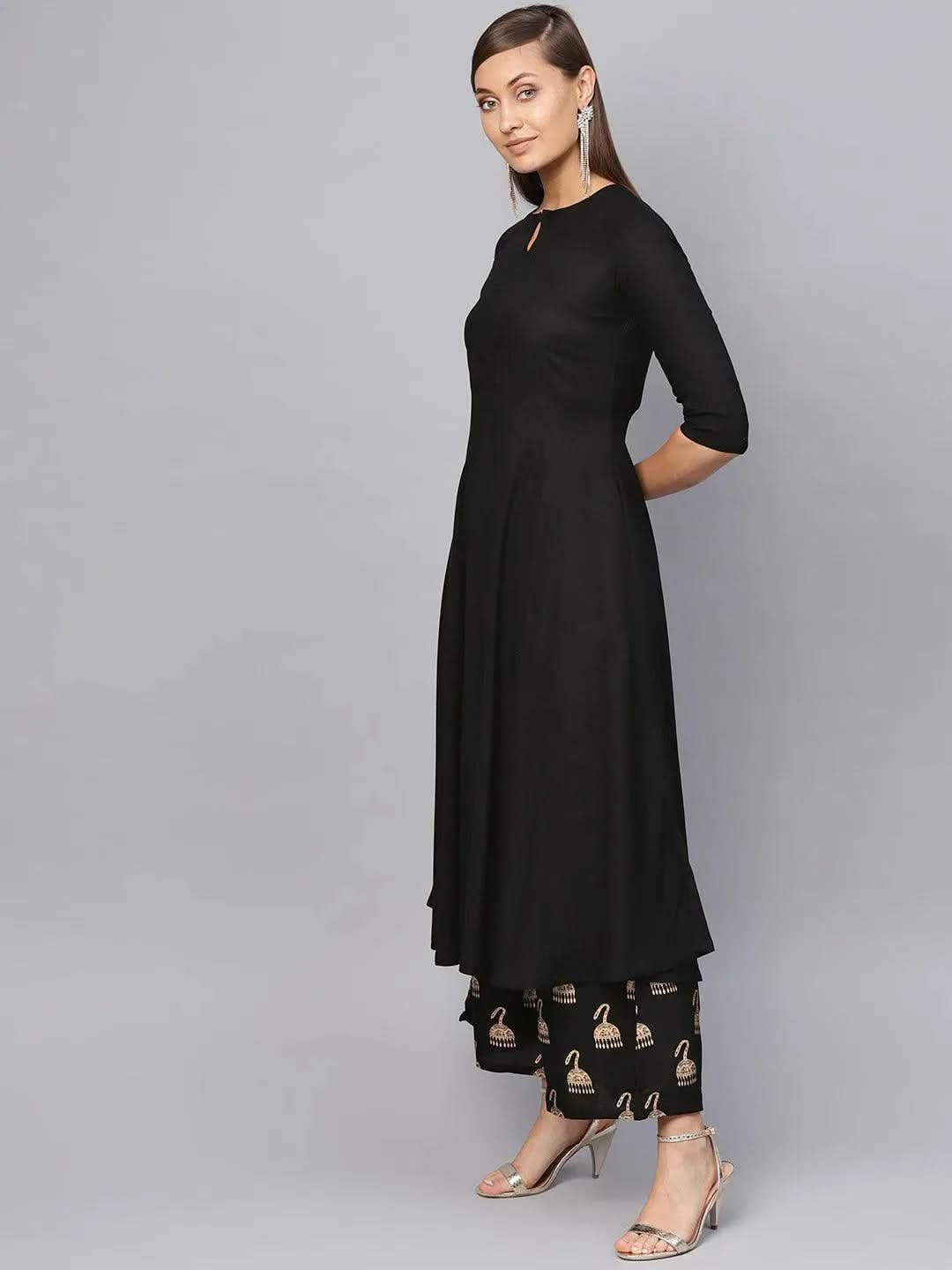 Libas Black Solid Rayon Anarkali Kurta With Palazzos & Stole