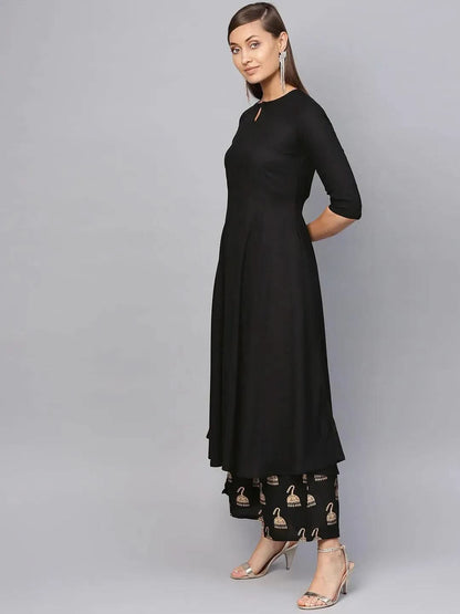 Libas Black Solid Rayon Anarkali Kurta With Palazzos & Stole