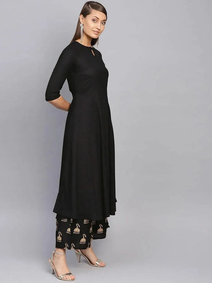 Libas Black Solid Rayon Anarkali Kurta With Palazzos & Stole