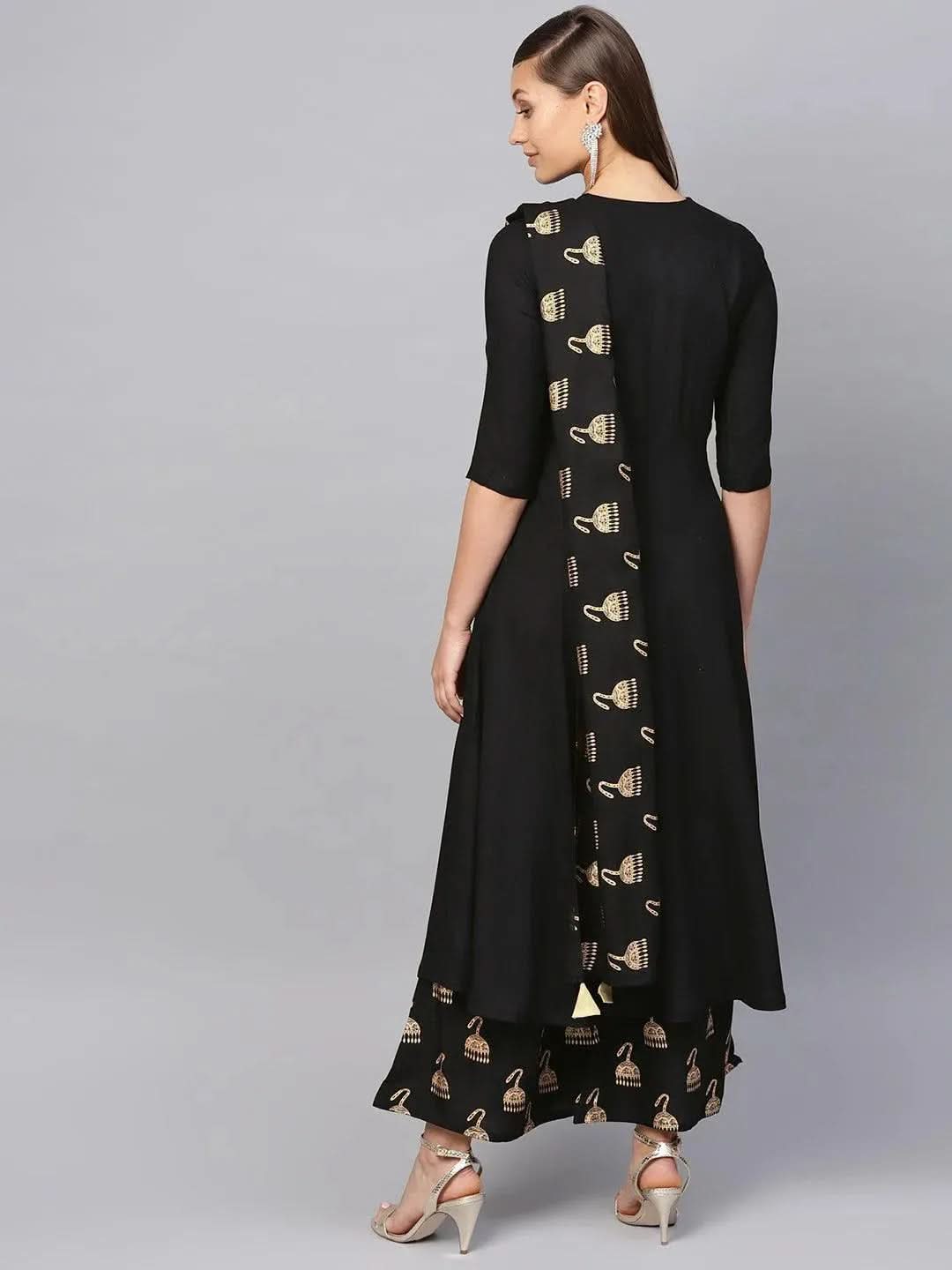 Libas Black Solid Rayon Anarkali Kurta With Palazzos & Stole