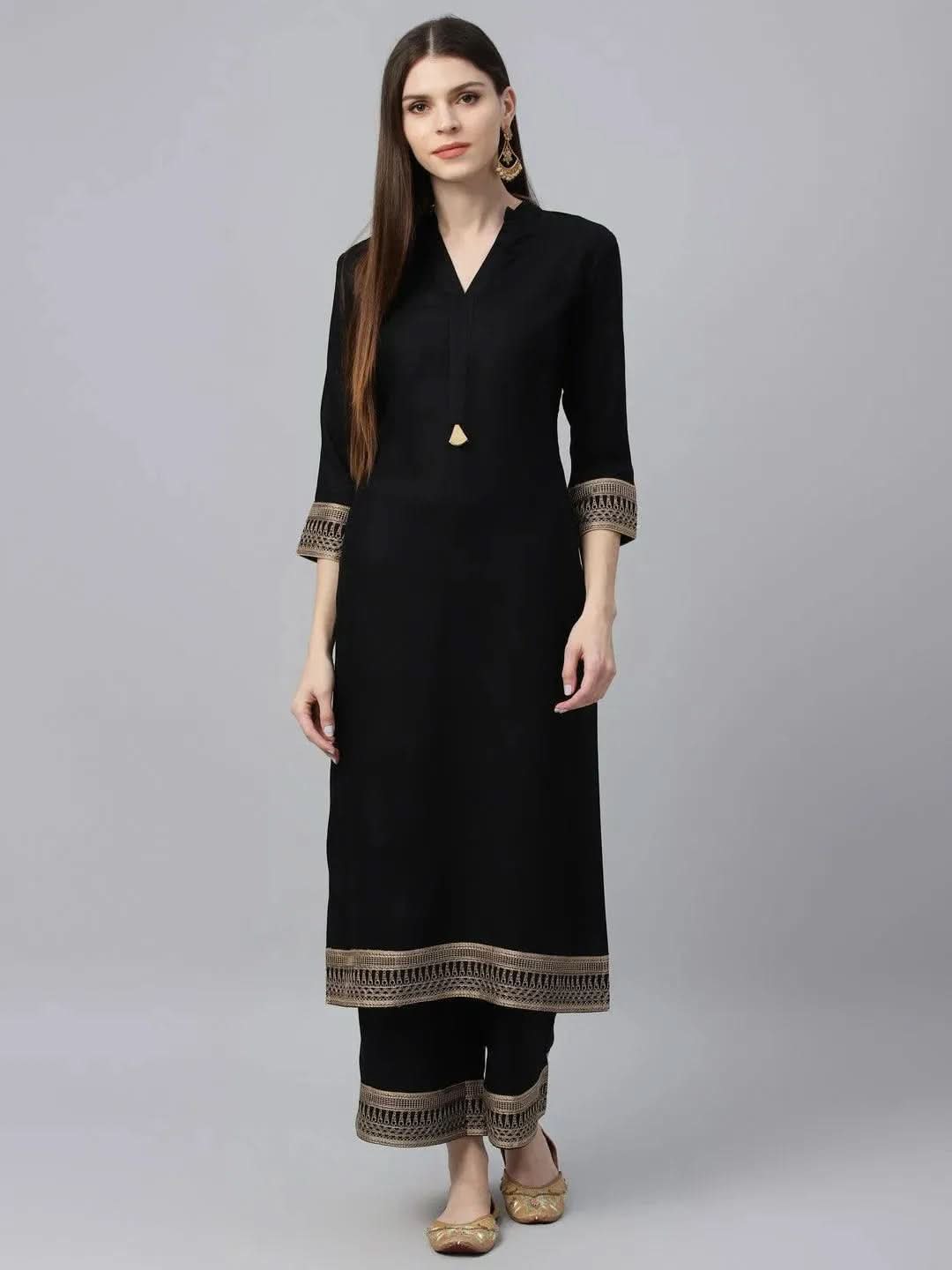 Libas Black Solid Rayon Straight Kurta With Palazzos