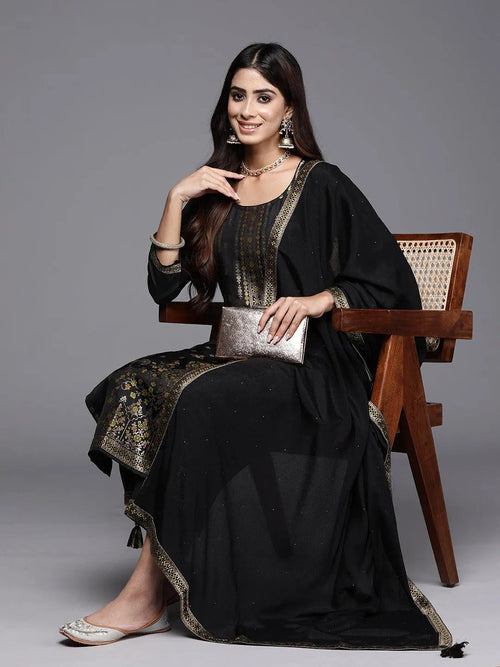 Libas Black Woven Design Silk Blend Straight Suit With Dupatta