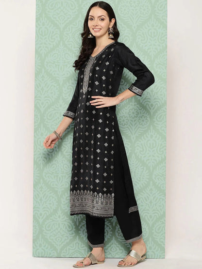 Libas Black Woven Design Silk Blend Straight Suit With Dupatta