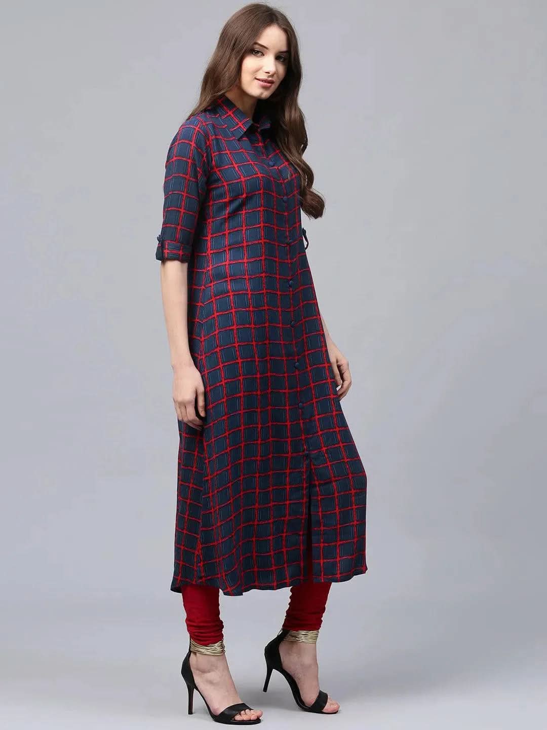 Libas Blue Checkered Rayon Kurta