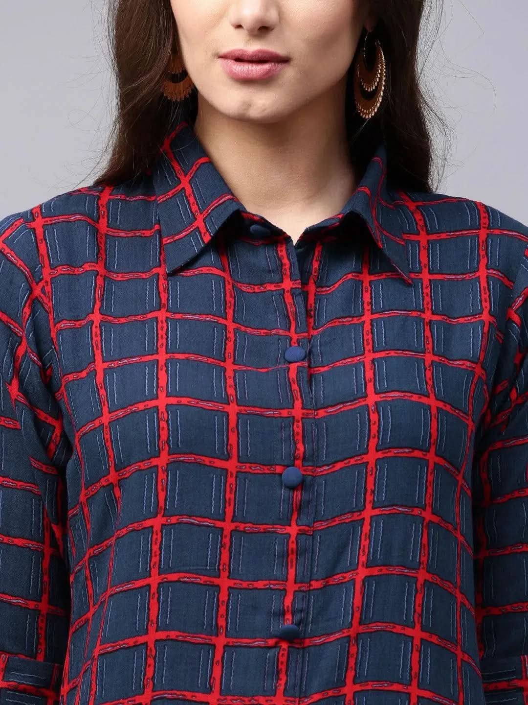 Libas Blue Checkered Rayon Kurta