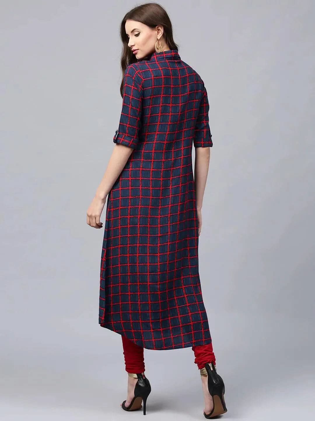 Libas Blue Checkered Rayon Kurta