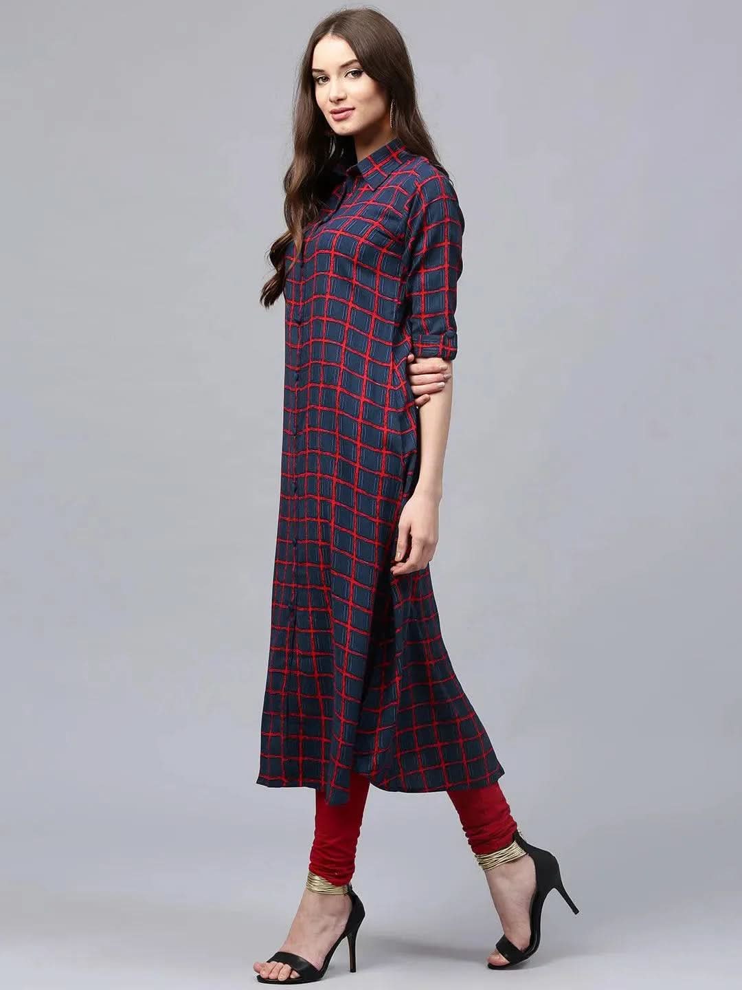 Libas Blue Checkered Rayon Kurta
