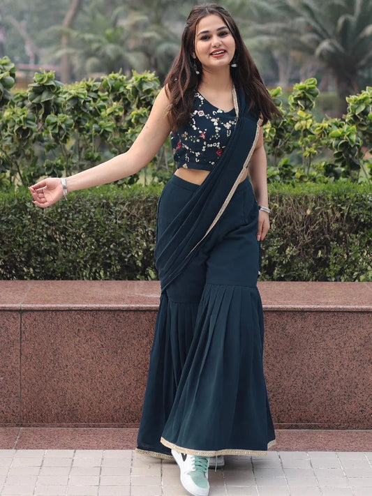 Gerua Blue Embellished Georgette Stitched Saree